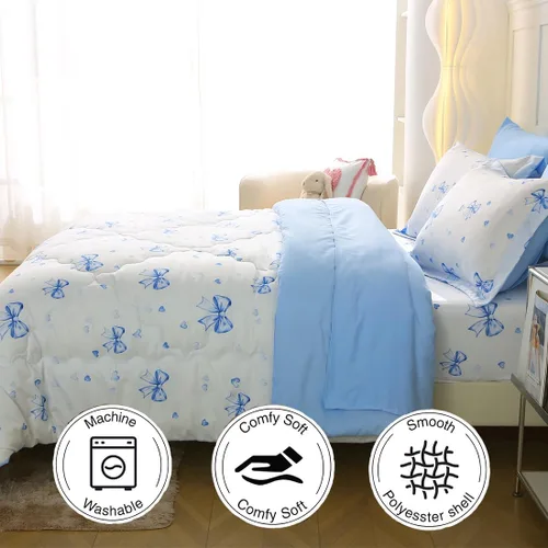 Miniatura 4 de Juego de ropa de cama con lazo para niñas, tamaño matrimonial, 7 piezas, color azul, Kawaii con lazo, cama en una bolsa para niños y adolescentes