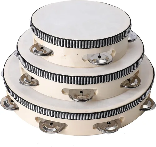 Miniatura 7 de Javik Pandereta instrumento musical para adultos, panderetas de mano de 10 pulgadas tambor de madera con jingles de metal, instrumentos de percusión
