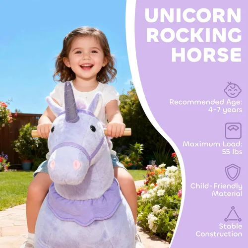 Miniatura 3 de Qaba Caballo de montar para niños de 4 a 7 años, unicornio de felpa de 37.8 pulgadas de altura, animal caballo que camina con ruedas rodantes