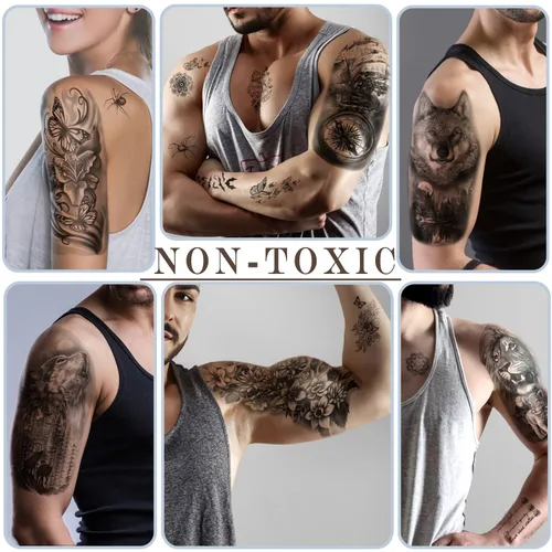 Miniatura 5 de 77 hojas de tatuajes temporales para hombres y mujeres, 17 hojas de tatuajes falsos de medio brazo, pecho y hombro, 60 hojas de tatuajes negros
