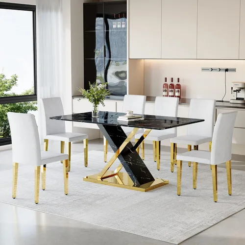 Miniatura 11 de YUNDREAM - Juego de mesa de comedor moderna de mármol para 4, mesa de comedor de oro negro de 63 pulgadas con marco cromado en forma de X y sillas