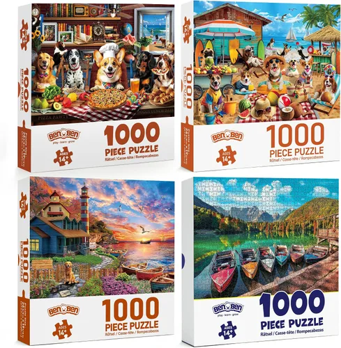 Miniatura 9 de BenBen Rompecabezas de 1000 piezas para adultos, paquete de 4 rompecabezas con letras o patrones en la parte posterior, cena de perros, perros