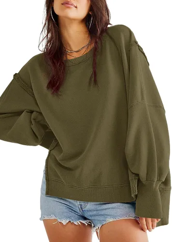 Miniatura 3 de Beaully Sudaderas de gran tamaño para mujer, cuello redondo, manga larga, abertura lateral, suéter casual para otoño
