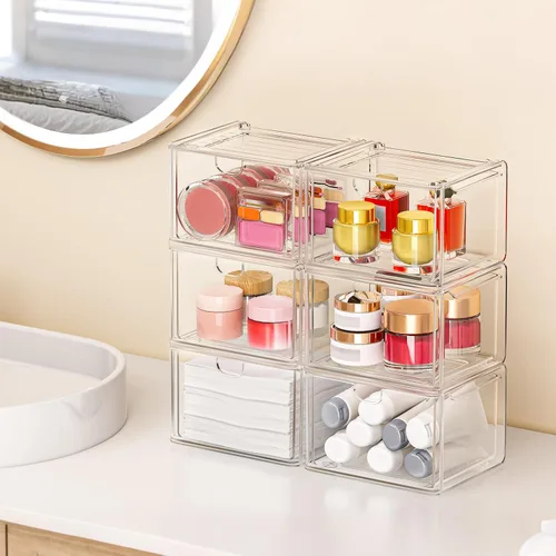 Miniatura 7 de caktraie Juego de 6 cajones de almacenamiento de acrílico, organizador de maquillaje transparente, cubos organizadores de plástico para suministros