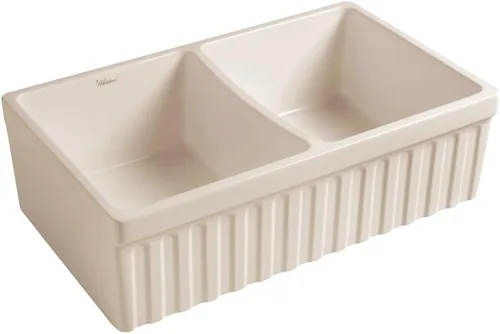 Miniatura 3 de Whitehaus Collection Quatro Alcove - Fregadero de cocina reversible de doble cuenco Farmhaus con borde frontal acanalado de 2 pulgadas en un lado