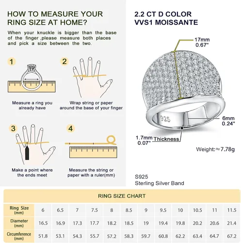 Miniatura 6 de DAYBYDAY Anillos de moissanita para hombres y mujeres, plata de ley 925, 2-3.5 quilates, color D, VVS1, anillo de cóctel de moissanita con diamantes