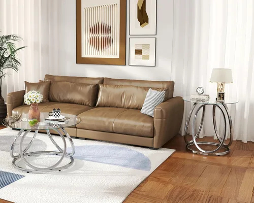 Miniatura 8 de O&K FURNITURE Mesa auxiliar plateada para sala de estar, mesa auxiliar de vidrio para dormitorio, moderna mesita de noche redonda de vidrio