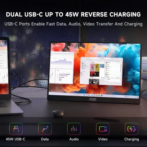 Miniatura 10 de AOC Monitor portátil de 15.6 pulgadas FHD 1080P IPS 125% sRGB, monitor de viaje USB-C HDMI para laptop, segunda pantalla externa ultra delgada