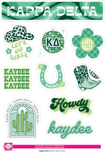 Miniatura 5 de Kappa Delta - Hoja de calcomanías de vinilo de diseño occidental con diseños oficiales, adhesivo extraíble, 10 calcomanías por hoja, por Sorority