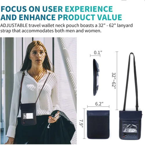 Miniatura 5 de Cartera con bloqueo RFID para pasaporte con bolsa de almacenamiento para el cuello para tarjeta de identificación de crédito de seguridad de viaje