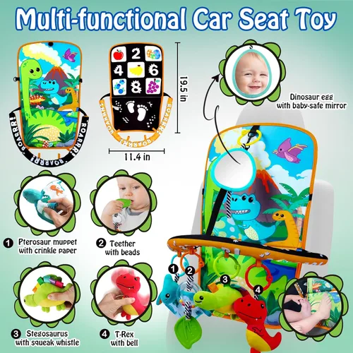 Miniatura 4 de Asiento de automóvil para bebé, juguetes de dinosaurios, juguete de doble cara para asiento de automóvil infantil con juguetes de peluche, espejo
