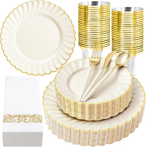Miniatura 13 de Ciaell 175 platos de plástico festoneado negro con ribete dorado, cubiertos de plástico negro con asa, juegos de vajilla de alta gama para bodas