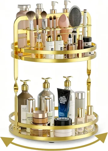 Organizador de maquillaje giratorio de 360°, organizador de perfume dorado de 2 niveles para tocador, organizador de baño, encimera, soporte de Oro