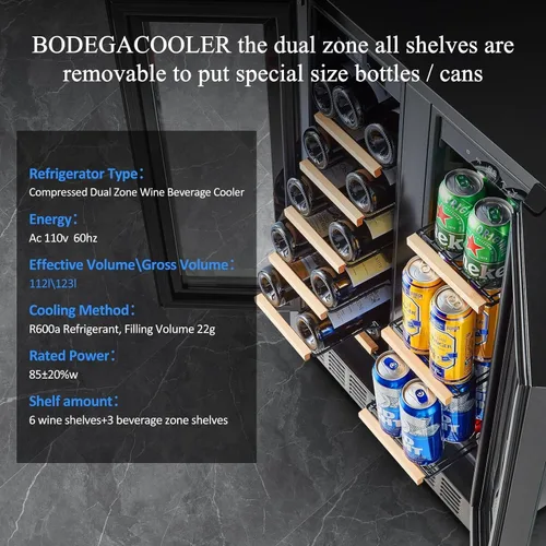 Miniatura 8 de BODEGA Refrigerador de bebidas negro, enfriador de vino y bebidas de doble zona de 24 pulgadas debajo del mostrador, refrigerador de bebidas