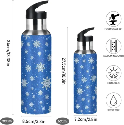 Miniatura 2 de BPA-Free Sport Water Bottle Insulated 32 Oz, Stainless Steel Water Bottle for Gym Outdoor Travel School, White Snowflakes Blue