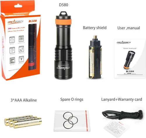 Miniatura 8 de ORCATORCH Luz de buceo D580, linterna subacuática máxima de 530 lúmenes con haz estrecho de 6 grados, interruptor giratorio impermeable IP68