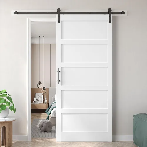 Miniatura 45 de Fredbeck Puerta de granero blanca de 30 x 84 pulgadas con kit de herrajes para puerta corredera de 5.5 pies incluido y asa, sólida, MDF, superficie