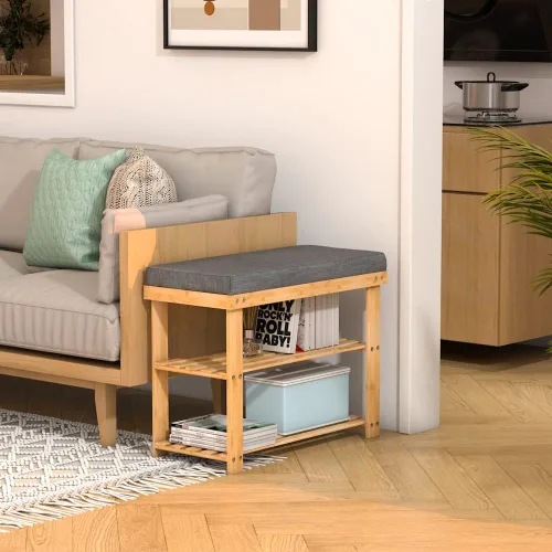 Miniatura 4 de Banco de zapatos de bambú con cojín gris, organizador de zapatos de 3 niveles para entrada, pasillo, dormitorio o sala de estar, asiento tapizado