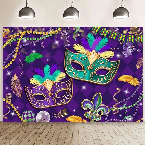 MEHOFOND Telón de fondo de Mardi Gras de 7 x 5 pies, para baile de graduación, carnaval, fiesta, fotografía, fondo morado, verde, dorado, cuentas