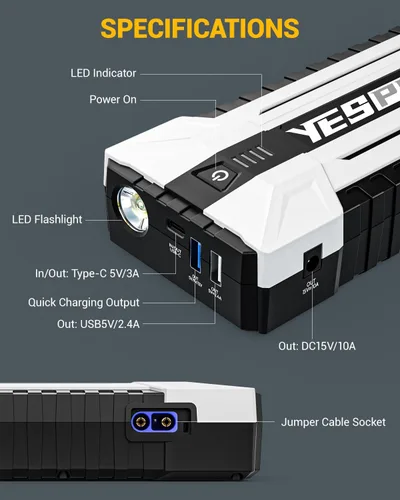 Miniatura 8 de YESPER 4120A Arrancador de Batería Portátil, Arrancador de Batería de Coche de 12V (Todo Gas, hasta 10.0L de Motor Diesel), Paquete de Impulso