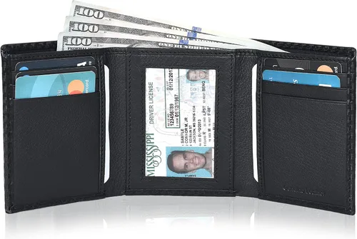 Miniatura 2 de Real Leather Trifold Wallet For Men - Slim Ultra Thin Tri Fold Front Pocket Minimalist Credit Card Holder ID Window Gift Men