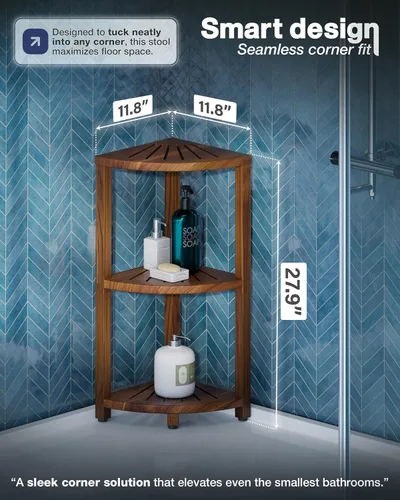 Miniatura 3 de BLUEWEST Soporte esquinero de ducha de 3 niveles, organizador de ducha de madera de pie con pies antideslizantes, estante de esquina de baño