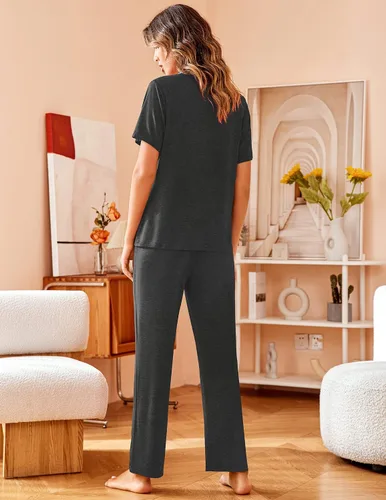 Miniatura 4 de Avidlove - Conjunto de pijama para mujer, ropa de dormir suave con solapa de muesca, manga corta, botones y pantalones largos