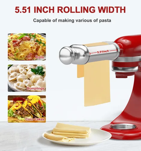 Miniatura 2 de Rodillo de pasta para batidora de pie KitchenAid, accesorio de rodillo de pasta de acero inoxidable con perilla de grosor ajustable de 8 posiciones