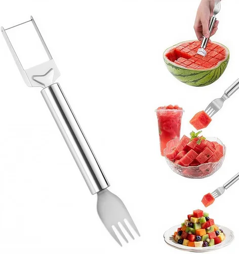 Cortador de frutas de acero inoxidable 2 en 1, herramienta de corte de tenedor de sandía, cortador y tenedor de sandía, cuchillo de doble cabeza con