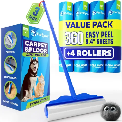 Rodillo grande de pelusa PetLovers con 3 recambios – 360 hojas en total para combatir el pelo de mascotas, rodillo extra grande para pisos y
