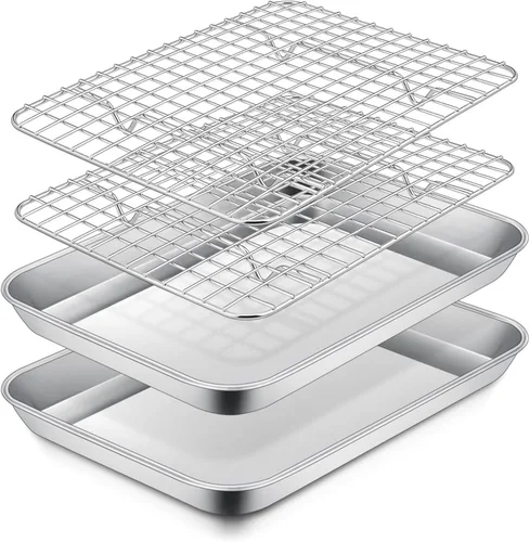 Miniatura 11 de P&P CHEF Molde para horno tostador de 12.5 + 9 pulgadas con juego de estante, bandeja de acero inoxidable para hornear y rejilla de enfriamiento