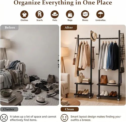 Miniatura 6 de Estante de abrigos de madera maciza independiente con ruedas y 2 estantes de almacenamiento y 5 ganchos, estante de ropa resistente, árbol de Negro