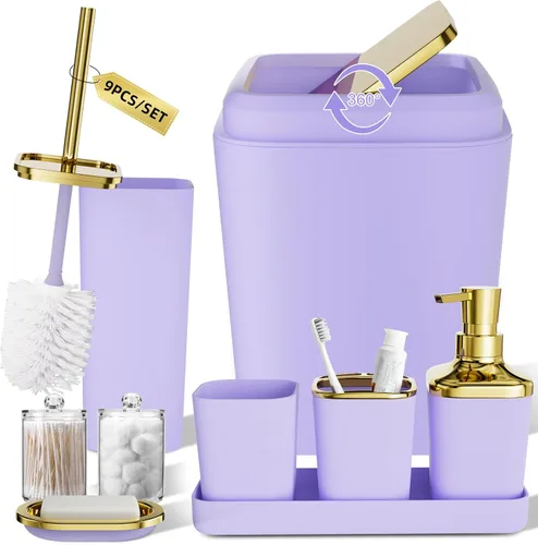 Miniatura 24 de XLHOMO - Juego de baño beige de plástico de 9 piezas, con basurero, dispensador de jabón, portacepillos de dientes, vaso, jabonera, cepillo
