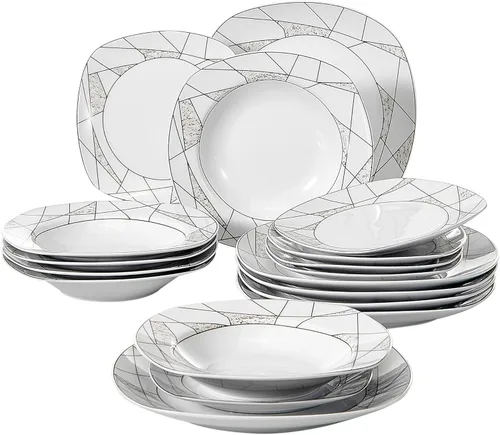 Miniatura 27 de VEWEET, Serie Fiona - Juego de vajilla de 30 piezas para 6 personas, blancos con rayas negras y grises, vajilla de porcelana de platos de postre