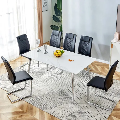 Miniatura 31 de Juego de mesa de comedor en blanco y negro de 51 pulgadas para 4, mesa de cristal minimalista moderna y 4 sillas tapizadas de piel sintética