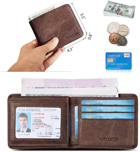 Miniatura 4 de BOSTANTEN Billeteras de piel auténtica para hombre con bloqueo RFID y 2 ventanas de identificación