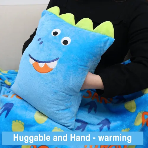 Miniatura 5 de Juego de almohada y cobija de viaje 3 en 1 para niños - 102x152cm, almohada de felpa con calentador de manos, cobija con diseño de dinosaurio
