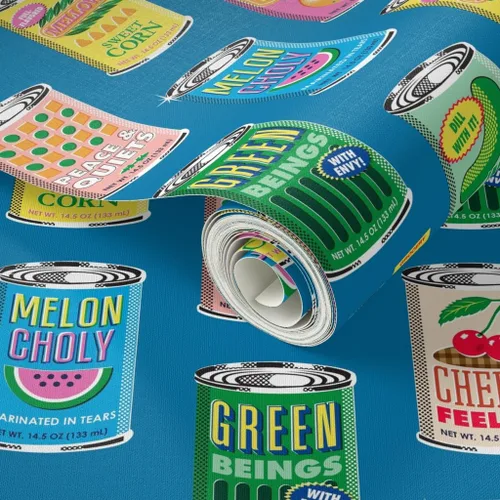 Miniatura 2 de Despegar y pegar papel tapiz Muestras - Retro Frutas Mercado de Alimentos Tipografía Verduras Encurtidos Latas de Maíz Supermercado Precio enlatado