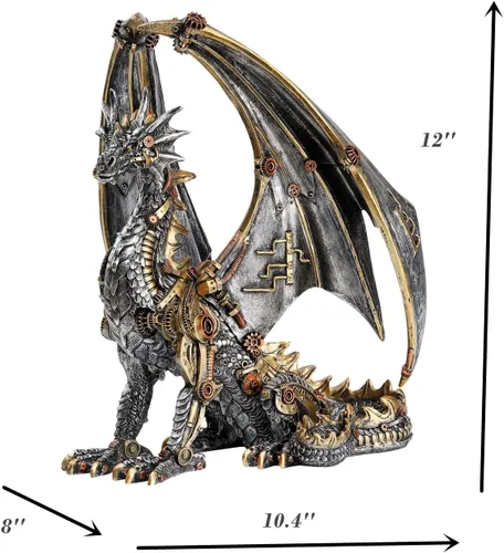 Miniatura 7 de Estatua de dragón steampunk gótica retro equipo mecánico sentado dragón de aspecto metálico, escultura de resina para el hogar, decoración de cuevas