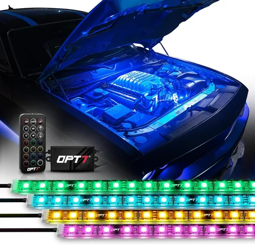 Miniatura 10 de OPT7 Aura Engine Bay - Kit de luz LED RGB con control remoto, 4 tiras de luz impermeables de 12 pulgadas para debajo del capó, modo multicolor