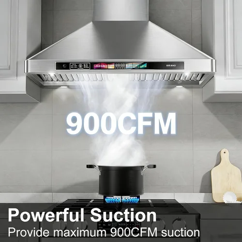 Miniatura 3 de BRANO Campana extractora de montaje en pared de 900 CFM con control de voz, gestos, táctil, campana de ventilación de acero inoxidable con 4