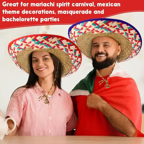 Miniatura 5 de Mumufy 12 sombreros para adultos, hombres y mujeres, con sombrero de paja para barbilla, fiesta de disfraces mexicanos (color clásico)