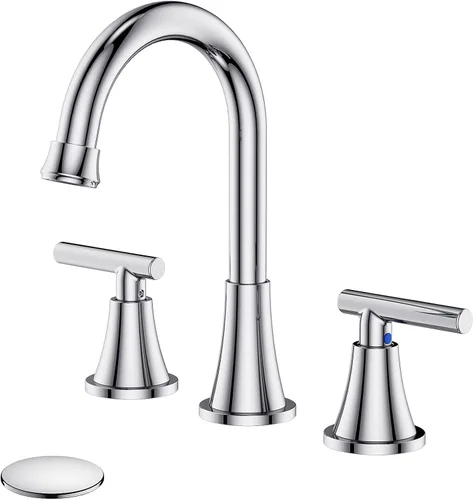 Hurran - Grifos de baño para fregadero de 3 agujeros, grifo cromado para fregadero de baño con drenaje emergente y líneas de suministro, grifo Cromo