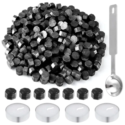 500 Pcs Cuentas de cera octogonales para sellado, cuentas de cera negras con 4 velas de té y 1 cuchara para derretir cera para manualidades, cartas,