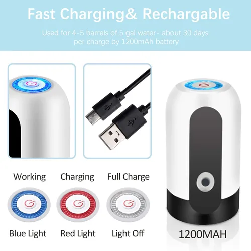 Miniatura 4 de Dispensador de botellas de agua, bomba de agua para botellas de 5 galones, carga USB, batería recargable, dispensador de jarra portátil