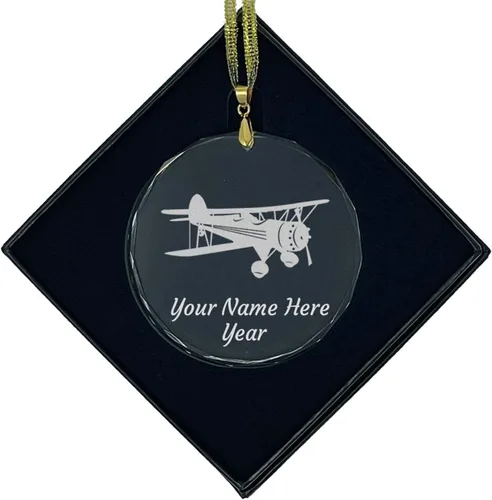Miniatura 6 de LaserGram Adorno de Navidad de vidrio personalizado, biplano, idea de regalo grabada con láser personalizada (forma de diamante)