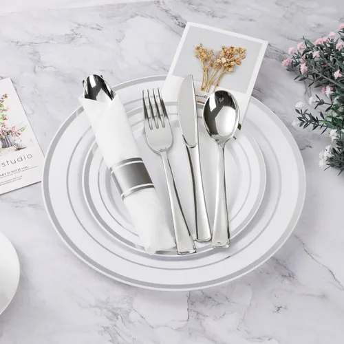 Miniatura 2 de BESTVIP Juego de vajilla de plástico plateado de 350 piezas, platos de fiesta desechables para 50 invitados, incluye: 100 platos de plástico, 50