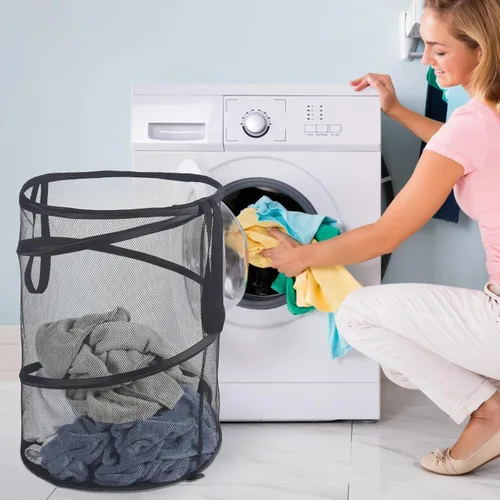 Miniatura 2 de 2 cestas de malla desplegable para ropa sucia, 115 L, extra grande, plegable, cesta de almacenamiento de ropa, con asas, sin tapa, 26 pulgadas