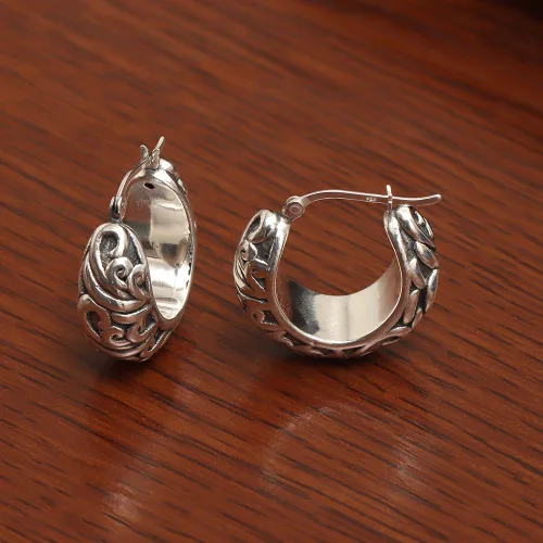 Miniatura 3 de Charmsy - Aretes de aro de plata de ley 925 Aretes de aro de filigrana para mujer Aretes de aro de malla calada Aretes de aro ligeros