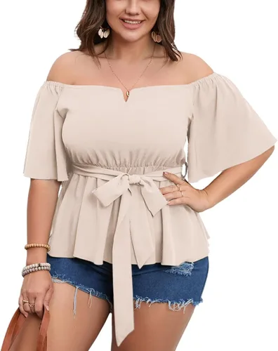 SCOMCHIC Blusa peplum con hombros descubiertos para mujer, talla grande, media manga acampanada, cintura con lazo en la cintura, dobladillo con